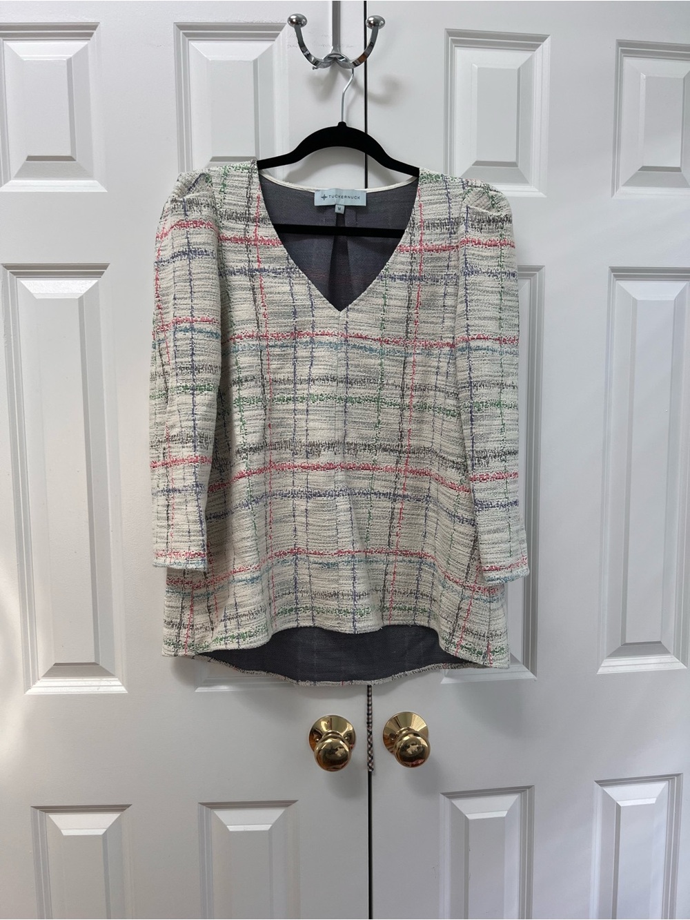 Tuckernuck Belfast Cream Plaid V-Neck Tweed Top